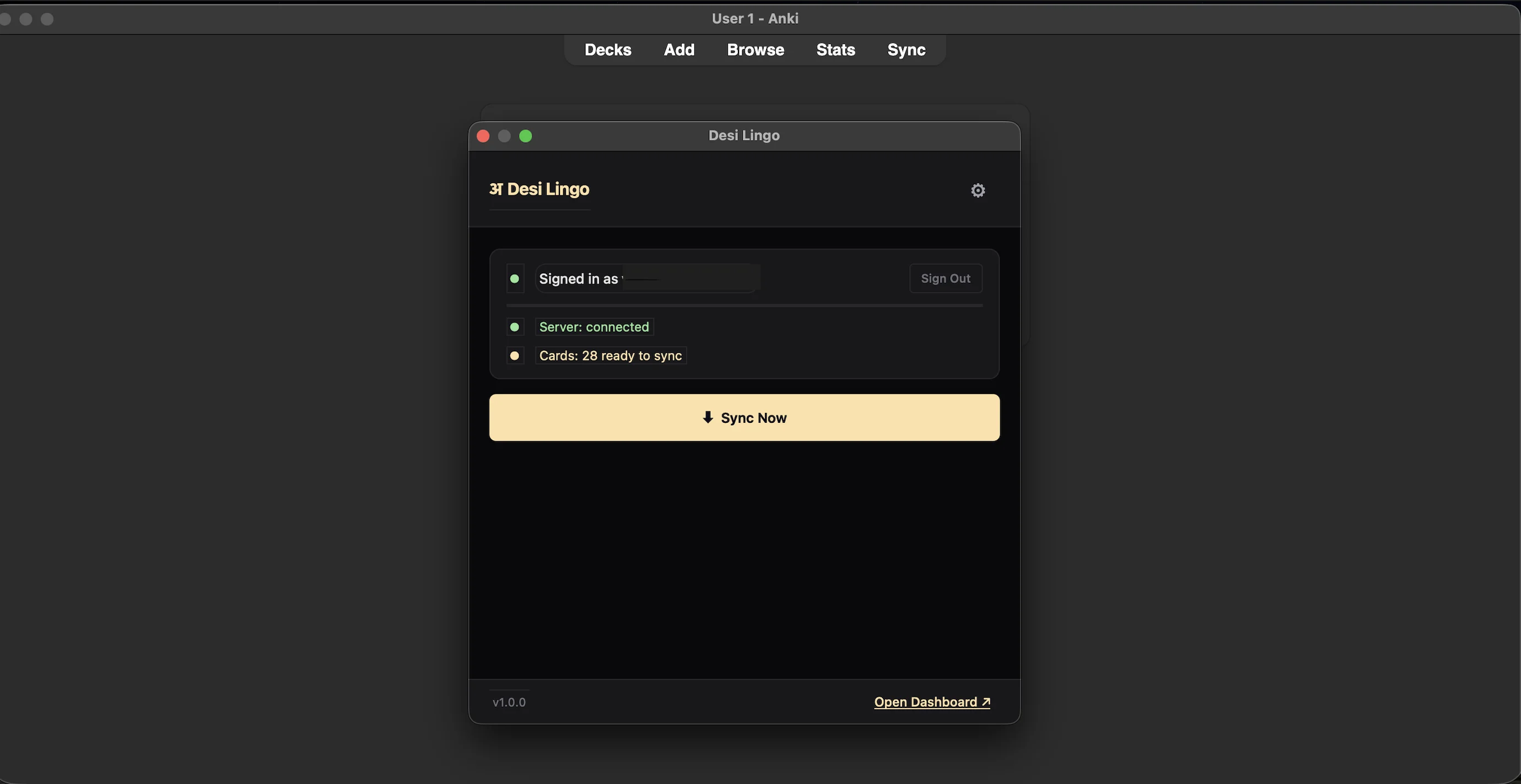 Desi Lingo Anki add-on sync dialog showing cards ready to sync