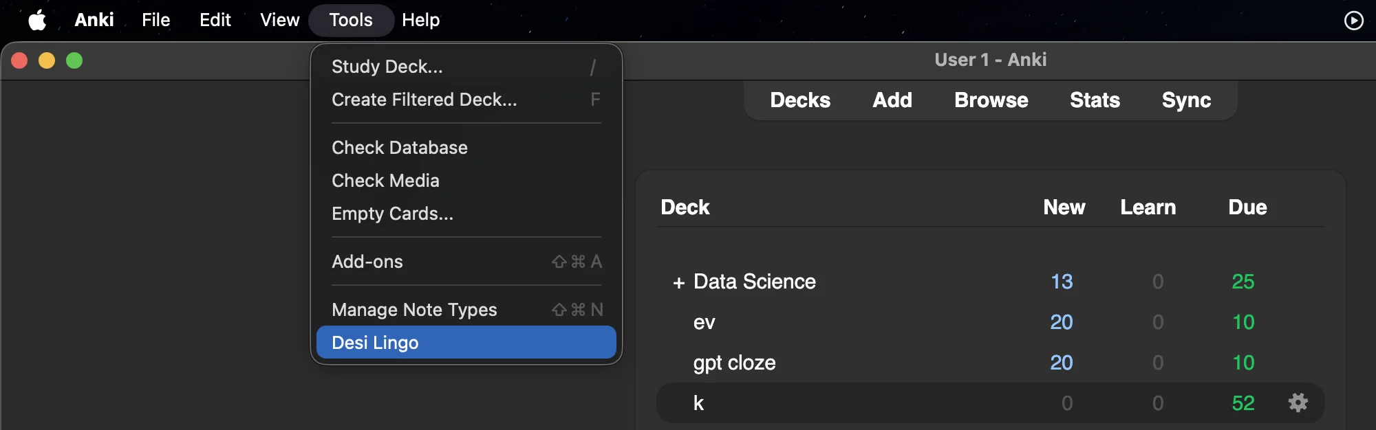 Anki Tools menu showing Desi Lingo Sync option